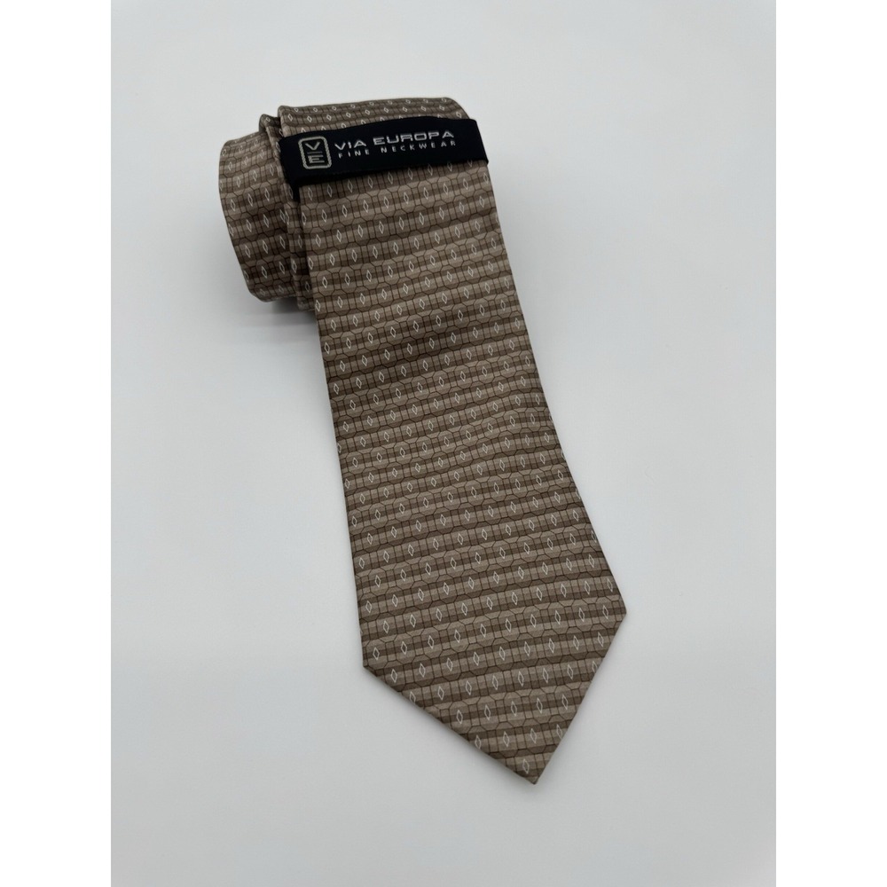 Via Europa 100% Silk Tie Brown Geometric Pattern Made for Macy's Classic Necktie